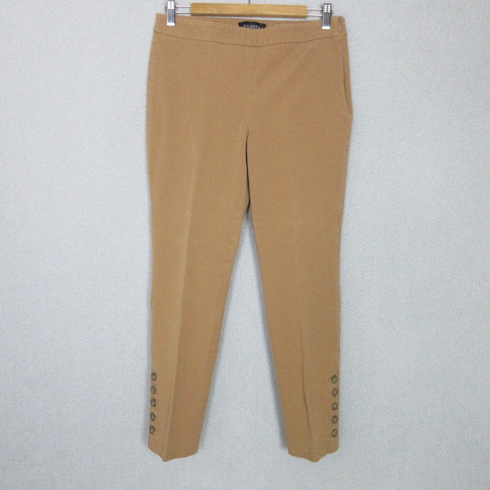 Talbots Chatham Ankle Pants Womens 6 Camel Tan Side Zip Button Hem Stretch Slim